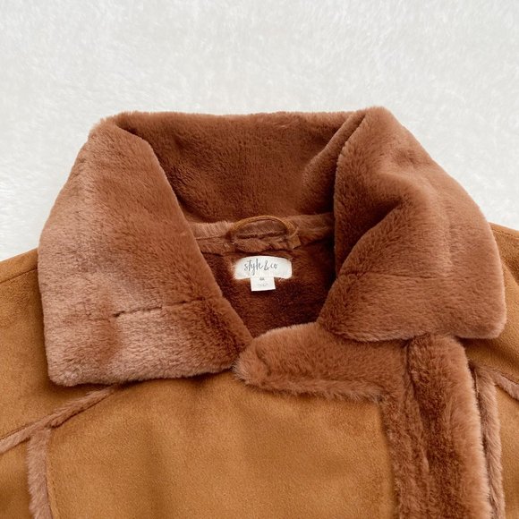 Style & Co NWOT Faux Fur Shearling Jacket Fur Lined 2 Zip Pockets Brown Sz 0X - Picture 3 of 8